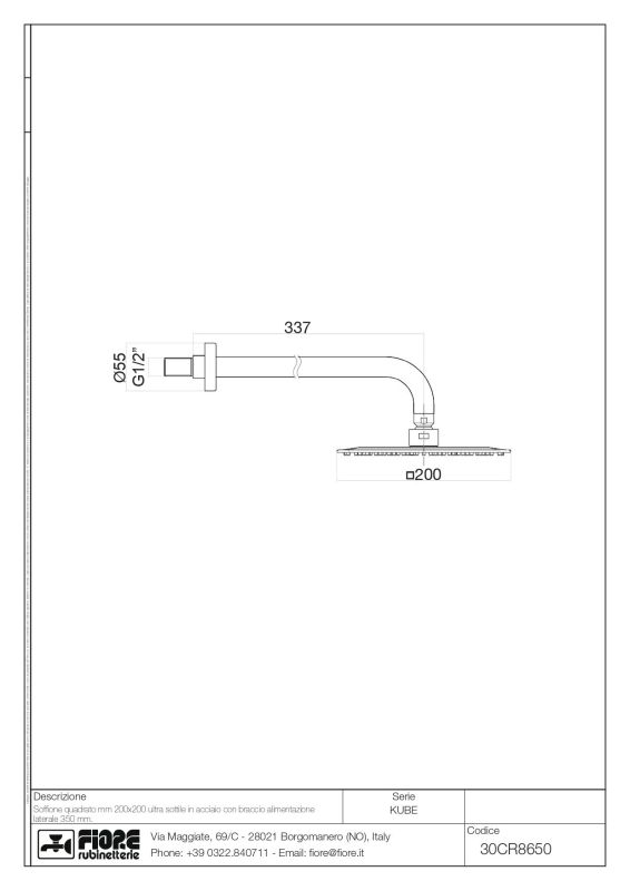 Fiore, square overhead shower 20 cm and bracket 35 cm, matt white color