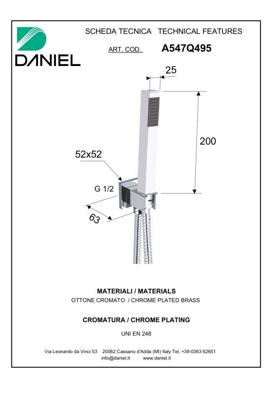 Daniel, square shower set: shower head, hose, holder with water outlet, gold color