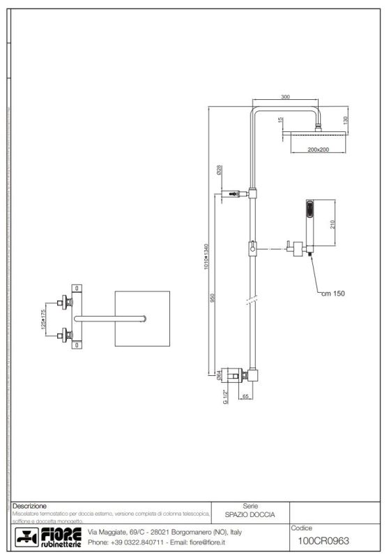 Fiore Kube, height-adjustable shower column with 20 cm overhead shower and thermostatic mixer tap, chrome color