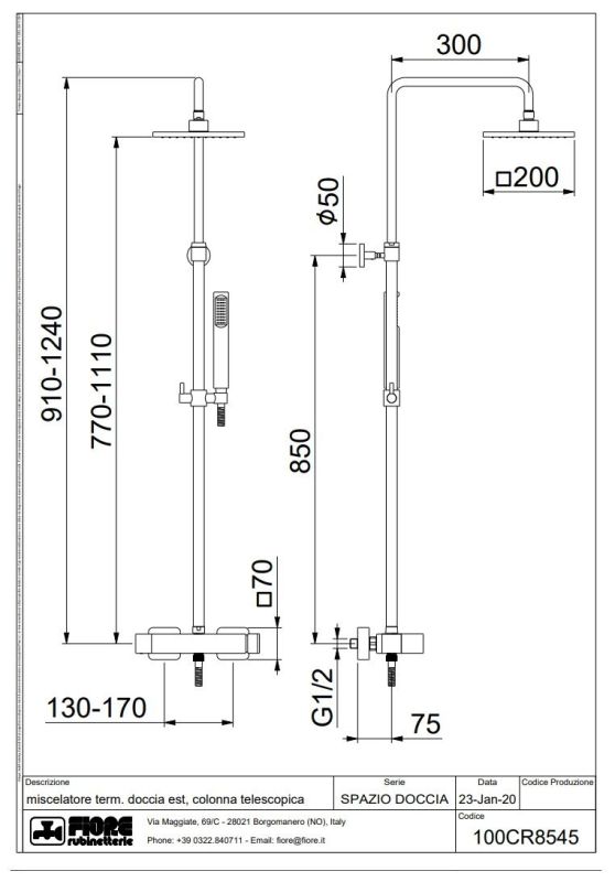 Fiore Kube, height adjustable shower column with 20 cm overhead shower and mixer tap, color chrome