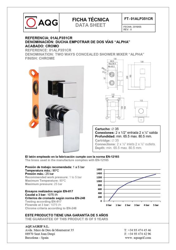 AQG Alpha, shower set EC218 for 2 users: with square overhead shower 25x25 cm and ceiling bracket 20 cm, color chrome