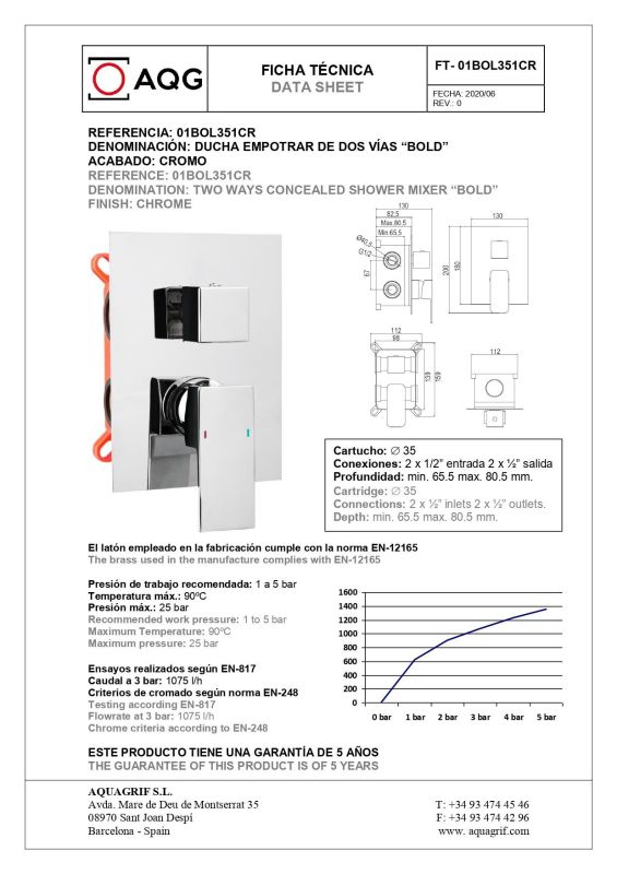 AQG Bold, shower set EC217 for 2 users: with square overhead shower 25x25 cm and ceiling bracket 35 cm, color chrome