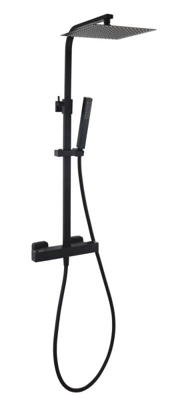 AQG Qus, height adjustable shower column 78,5-143 cm, with thermostat and square overhead shower 25x25 cm, matt black color.