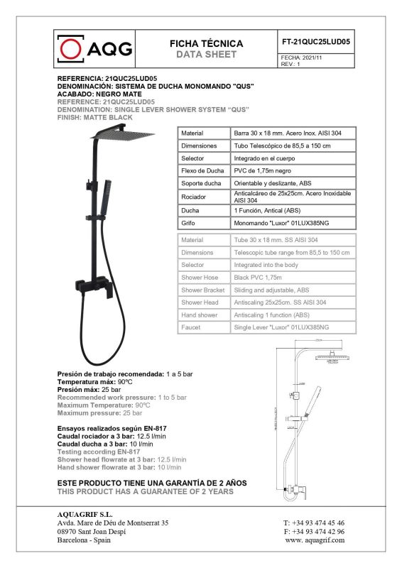 AQG Qus, height adjustable shower column 78,5-143 cm, with thermostat and square overhead shower 25x25 cm, matt black color.