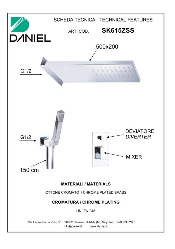 Daniel Skyline, 2-piece shower set, with 50x20 cm cantilever shower head, 1 mode: rain, chrome color