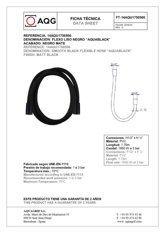 AQG, PVC shower hose AQUABLACK, matt black color