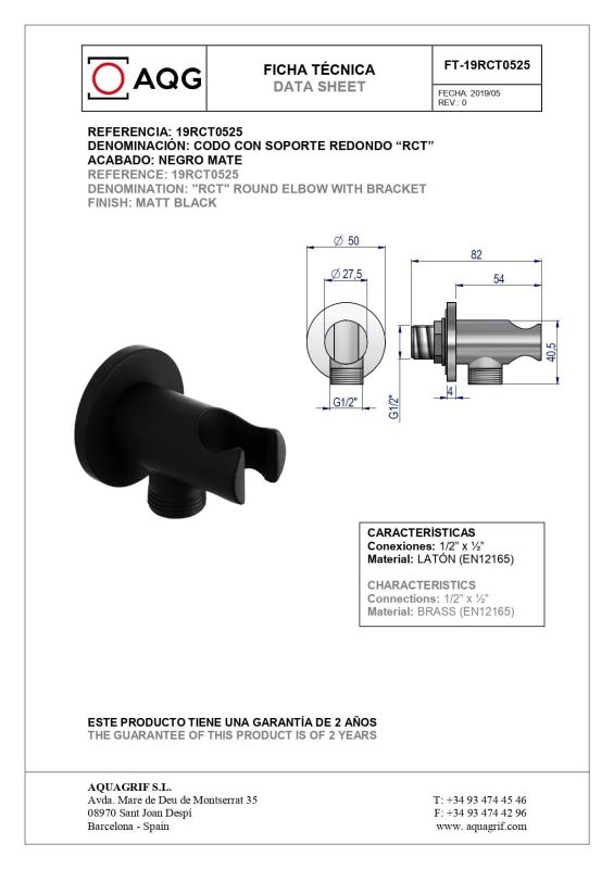 AQG, RCT round arm for hand shower with integrated drainage, matt black color