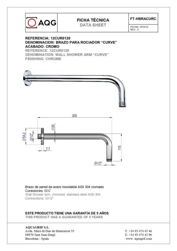 AQG, wall-mounted round CURVE bracket 30.5 cm long, for overhead shower, chrome color