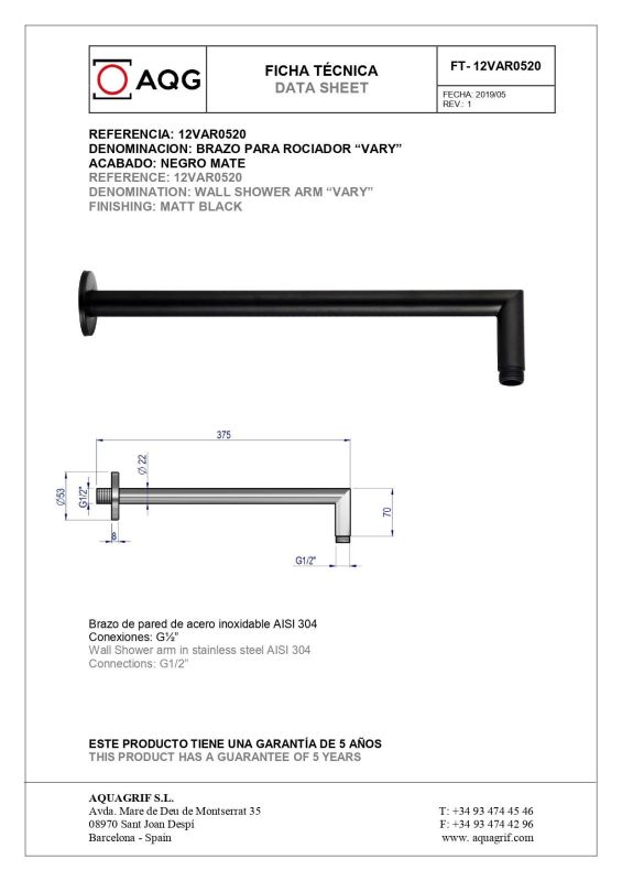 AQG, 37.5 cm long VARY round wall bracket for overhead shower, matt black color