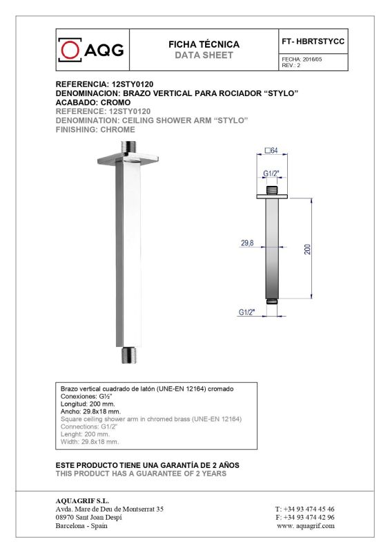 AQG, 20 cm long STYLO square ceiling bracket for overhead shower, color chrome