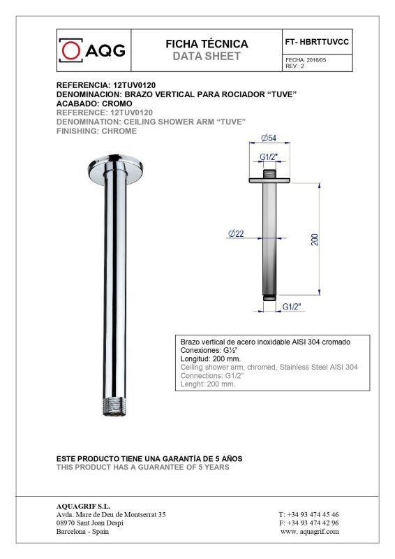 AQG, 20 cm long TUVE round ceiling bracket for overhead shower, chrome color