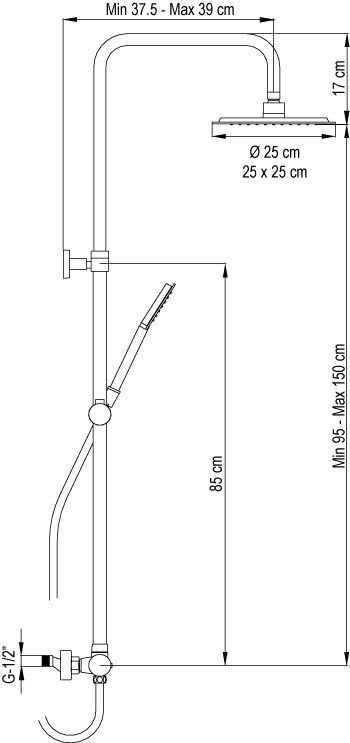 AQG Nite, height adjustable shower column 95-150 cm: with thermostat and square overhead shower 25 cm, color matt gold (PVD).