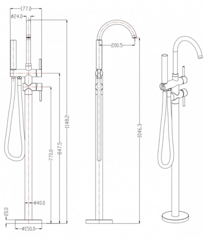 Floor standing bathtub mixer Grocenberg GB900MG Matte Gold