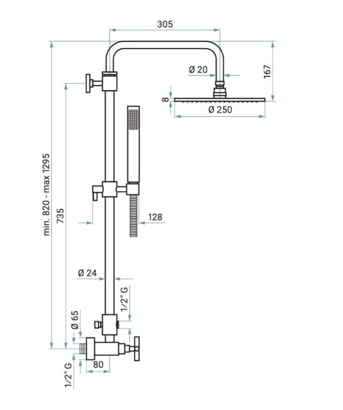 Emmevi Spirit New, brass shower column, height adjustable 82-129.5 cm: with mixer tap and 25 cm round anti-calc top shower, bronze color