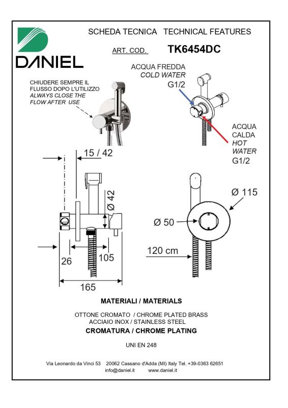 Daniel Tokyo, hygienic shower with mixer tap for cold/potable water, brushed gold color