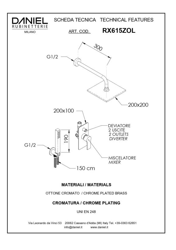 Daniel Reflex, shower set for 2 users, with bracket 30 cm and square overhead shower 20x20 cm, chrome color