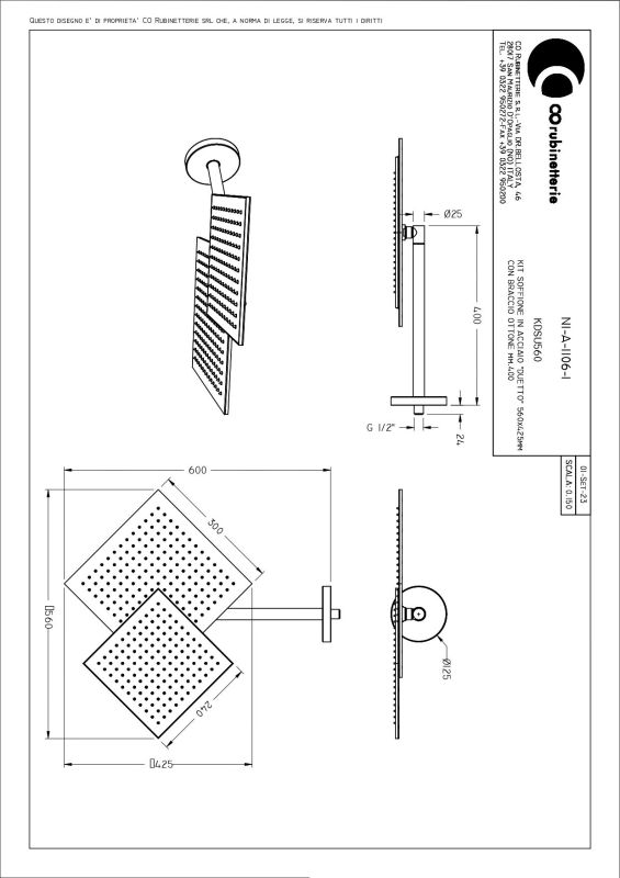 Graffio Duetto, wall bracket, dual square shower head 30x45 cm, 1 mode: rain, color chrome