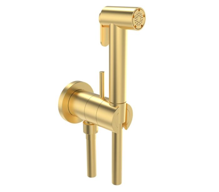 Graffio, circular hygienic shower set with progressive cartridge and stopper, matt gold color