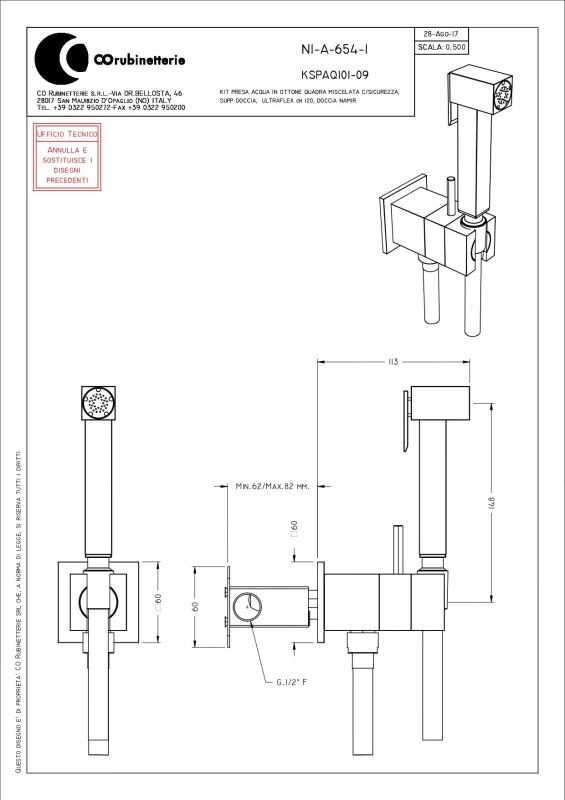 Graffio, square hygienic shower set with progressive cartridge and stopper, chrome color