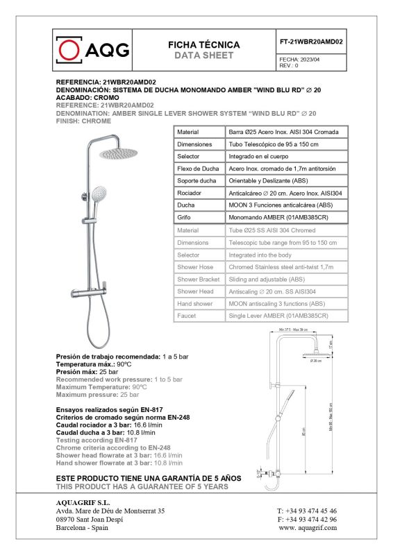 AQG VENT-i2, height-adjustable shower column 95-150 cm, with mixer tap and 20 cm round overhead shower, color chrome