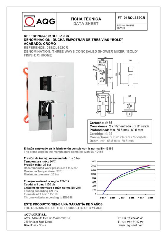 AQG Bold, shower set EC316 for 3 users, with square spout, with square overhead shower 25x25 cm and bracket 35 cm, color chrome