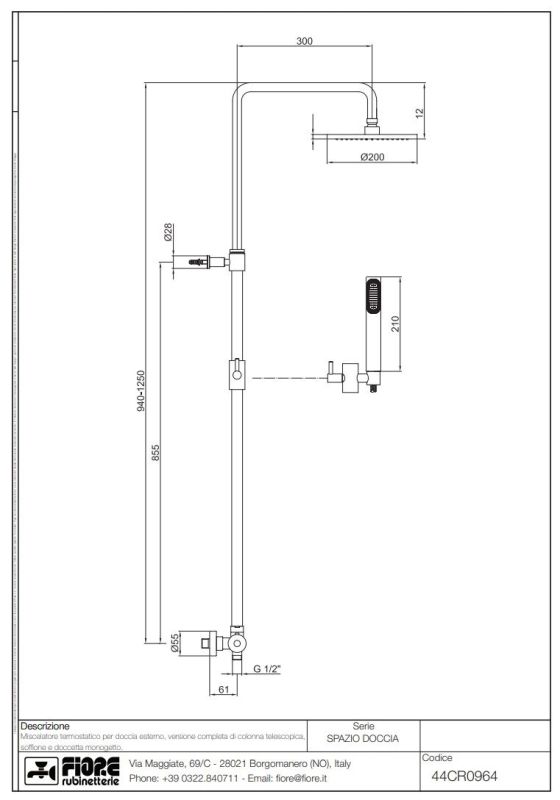 Fiore Xenon, height-adjustable shower column with 20 cm overhead shower and thermostat mixer, chrome color