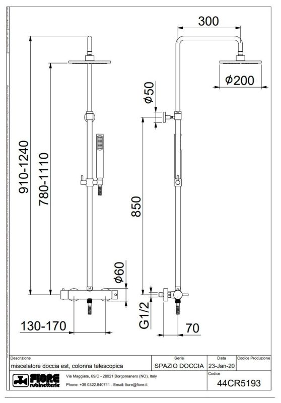 Fiore Xenon, height adjustable shower column with 20 cm overhead shower and mixer tap, color chrome