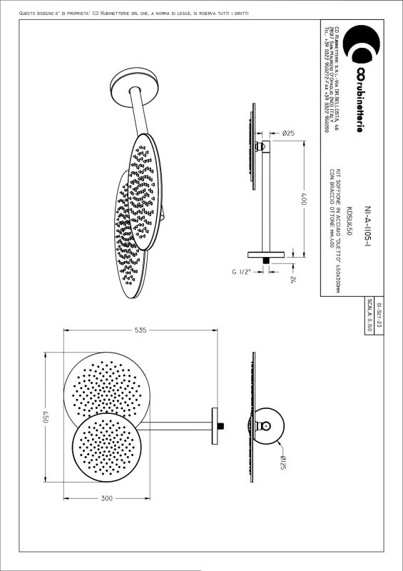 Graffio Duetto, two combined round overhead shower heads 45/30 cm with wall bracket 40 cm, chrome color