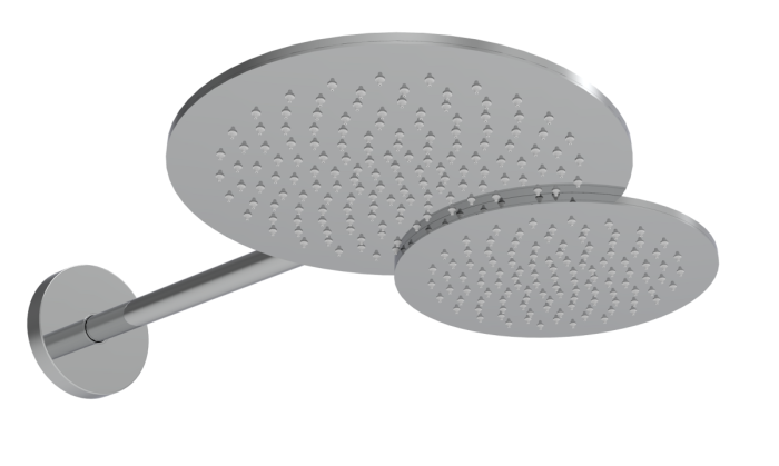 Graffio Duetto, two combined round overhead shower heads 45/30 cm with wall bracket 40 cm, chrome color