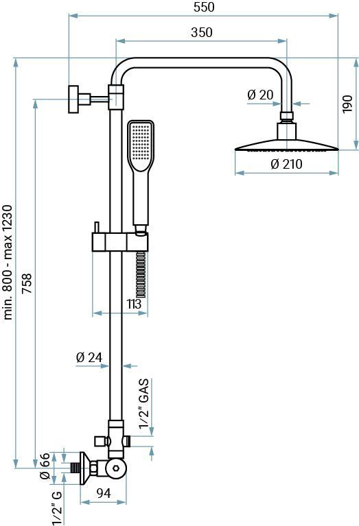 Emmevi Piper, shower column in brass, height-adjustable 80-123 cm: with mixer tap and 21 cm round anti-calc top shower, chrome color