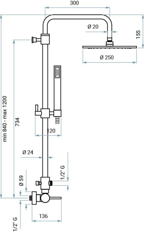 Emmevi Filobrass, telescopic shower column 84-120 cm: with mixer tap and anti-calc top shower _25 cm, color brushed gold