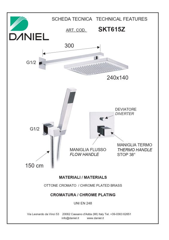 Daniel Skyline, shower set for 2 users with thermostat, 30 cm bracket and 24x14 cm rectangular overhead shower, matt black color