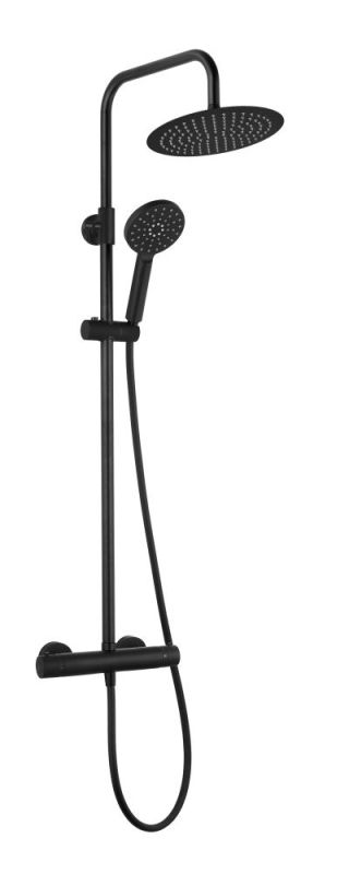 AQG Nite, height-adjustable shower column 95-150 cm: with thermostat and 25 cm round overhead shower, matt black color.