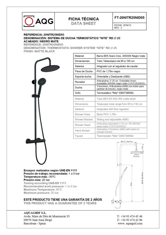 AQG Nite, height-adjustable shower column 95-150 cm: with thermostat and 25 cm round overhead shower, matt black color.