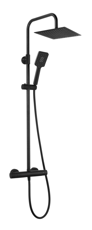 AQG Nite, height adjustable shower column 95-150 cm: with thermostat and square overhead shower 25x25 cm, matt black color