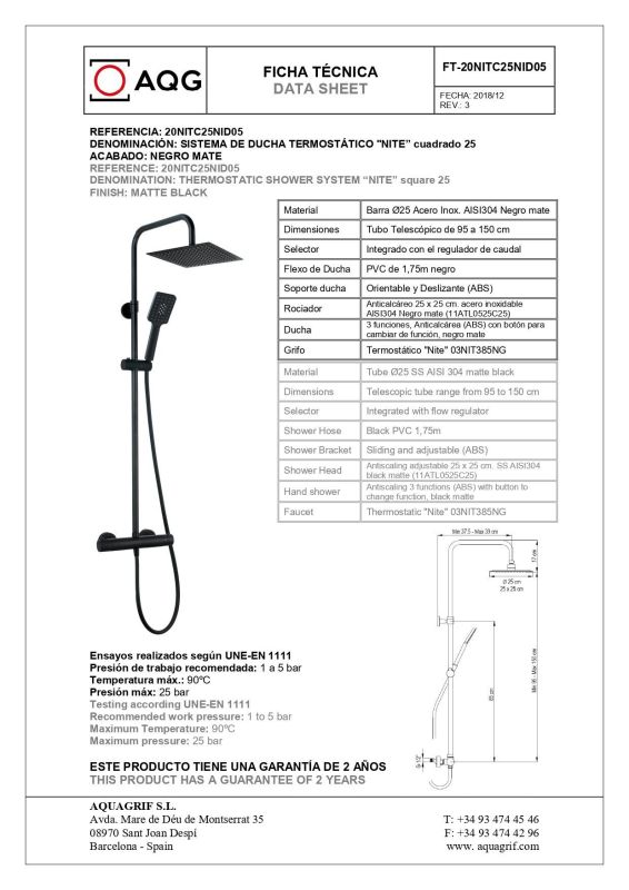 AQG Nite, height adjustable shower column 95-150 cm: with thermostat and square overhead shower 25x25 cm, matt black color