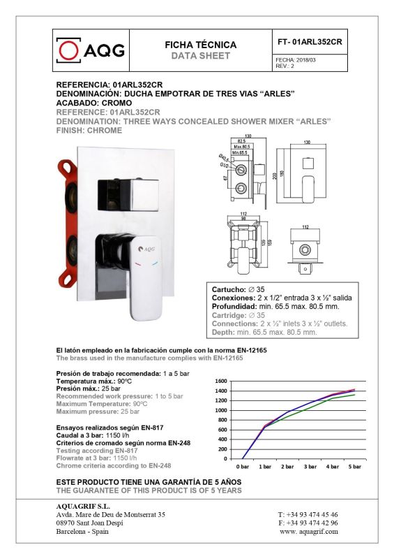 AQG, shower set EC316 for 3 users, with square spout, with square overhead shower 25x25 cm and bracket 35 cm, chrome color