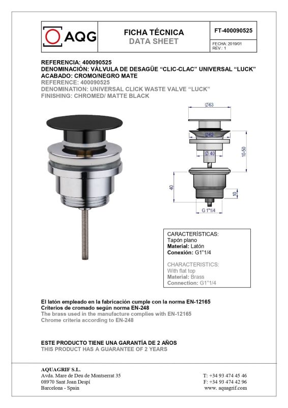 AQG, universal click-clack bottom valve, matt black / chrome color