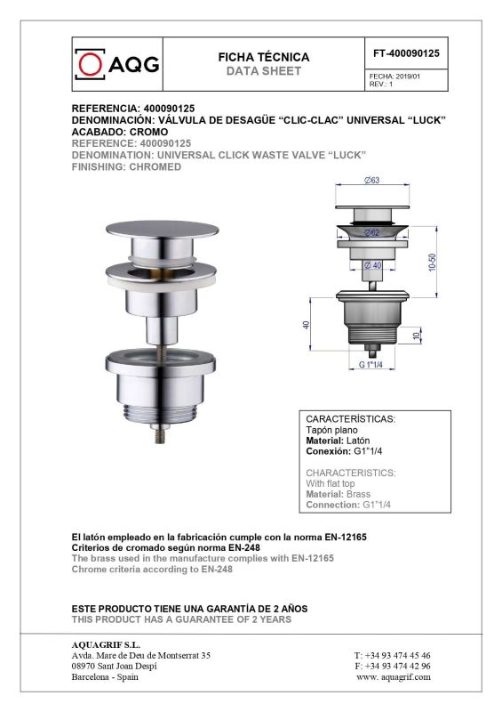 AQG, universal bottom valve click-clack, chrome color