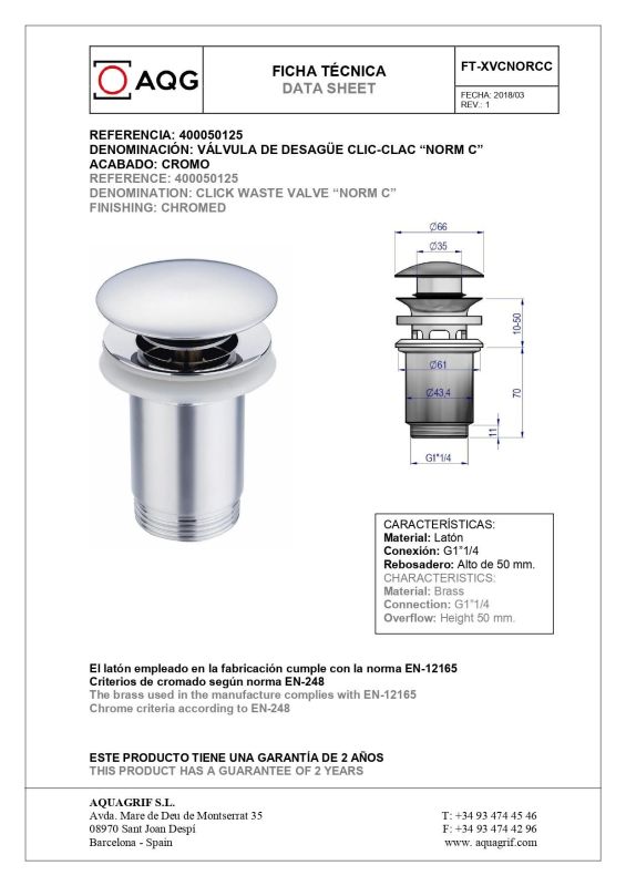 AQG, universal bottom valve click-clack with overflow, chrome color