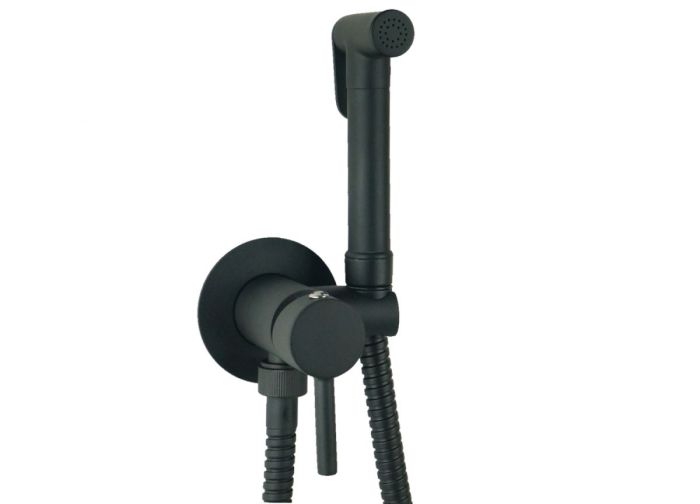 Emmevi, hygienic shower set with mixer tap for hot and cold water (hand shower C02453), matt black color