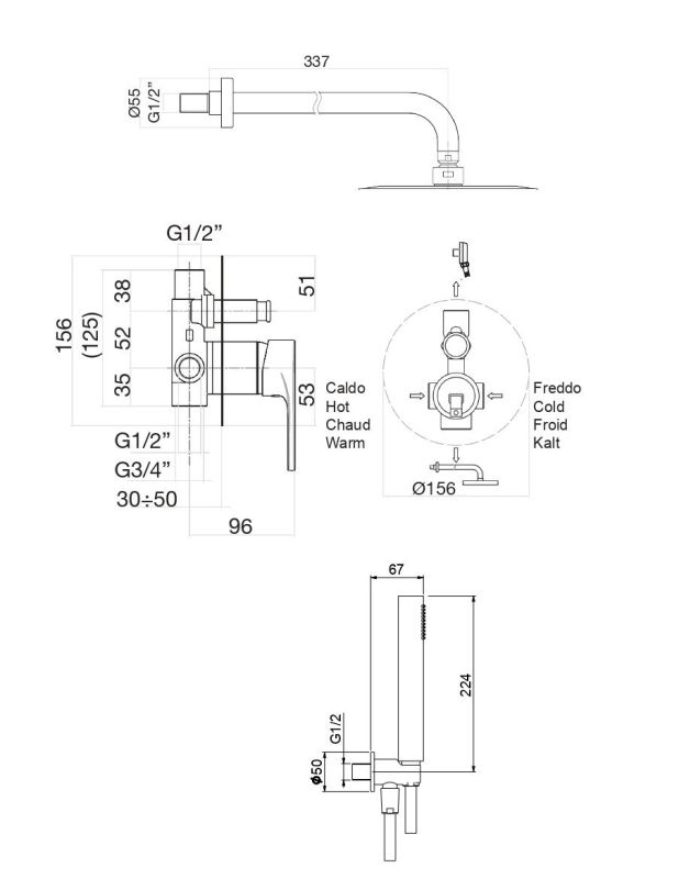 Fiore Kera, shower set for 2 users: with 20 cm round overhead shower head and 35 cm bracket, chrome color