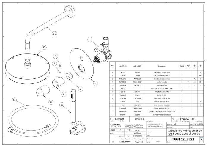 Daniel Trilogy, 2-piece shower set with 22.5 cm circular overhead shower head and 30 cm shower arm, chrome color