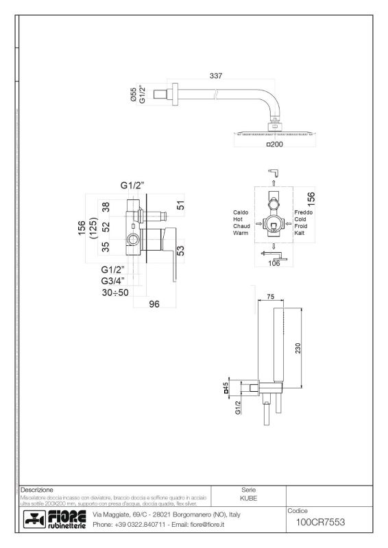 Fiore Kube, shower set for 2 users: with square overhead shower 20x20 cm and bracket 35 cm, matt white color