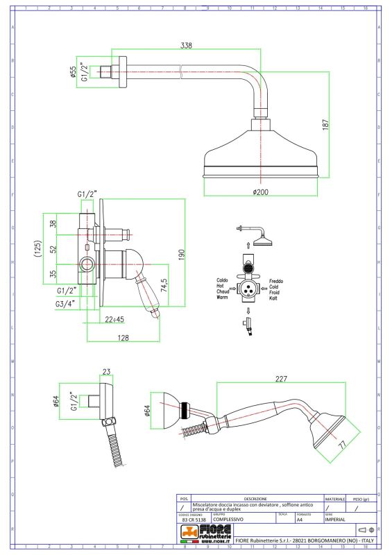 Fiore Imperiale, shower set for 2 users: with circular overhead shower 20 cm and bracket 35 cm, color chrome