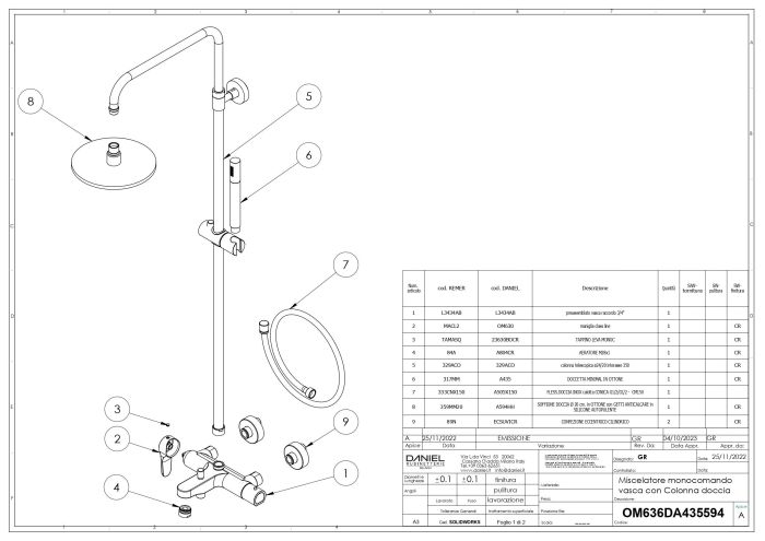 Daniel Tiara, height-adjustable shower column 111-166 cm, with spout and round top shower 20 cm, matt gold color