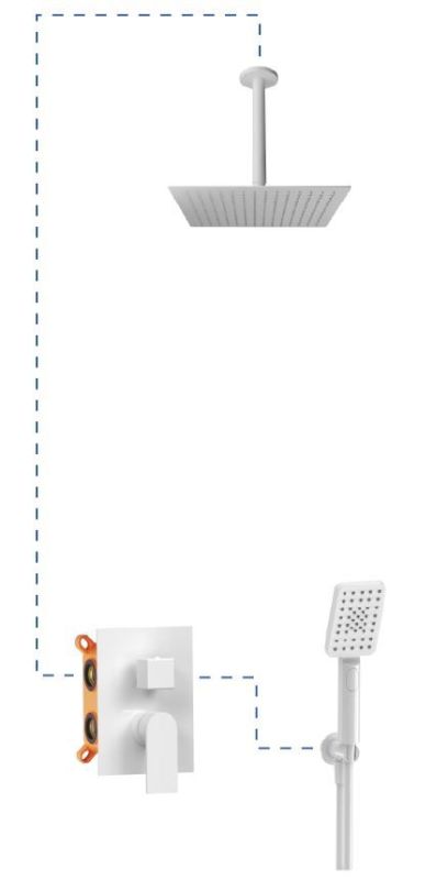 AQG Alpha, shower set EC218 for 2 users: with square overhead shower 25x25 cm and ceiling bracket 20 cm, matt white color