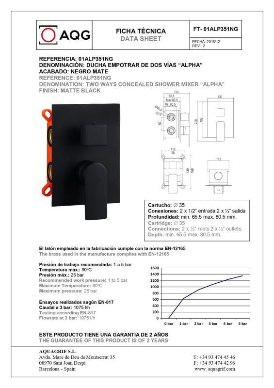 AQG Alpha, shower set EC218 for 2 users: with square overhead shower 25x25 cm and ceiling bracket 20 cm, matt black color