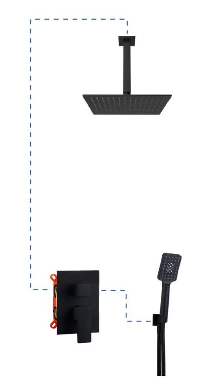 AQG Alpha, shower set EC218 for 2 users: with square overhead shower 25x25 cm and ceiling bracket 20 cm, matt black color