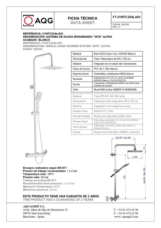 AQG Alpha, height-adjustable shower column 95-150 cm, with mixer tap and square overhead shower 25x25 cm, matt white color